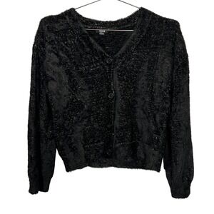 Mexx Black Silver Tinsel Fuzzy Cardigan Sweater XS V-Neck Button Front